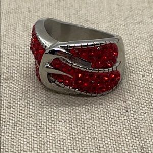 Stainless Steel Buckle Style Ring with Red Stones